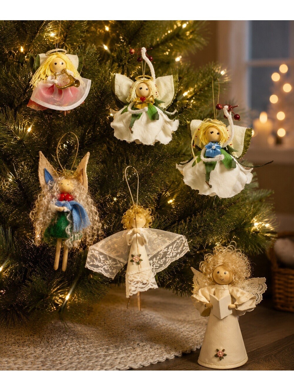 Vintage 1980s Set Of 6 Handmade Folk Art Angel Ornaments Figurines